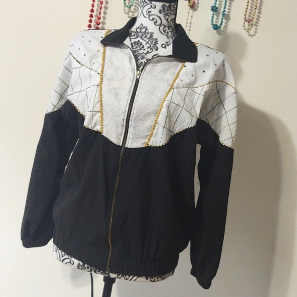 VINTAGE Teddi Sport Black & White Mix Pattern Windbreaker Jacket Medium Petite